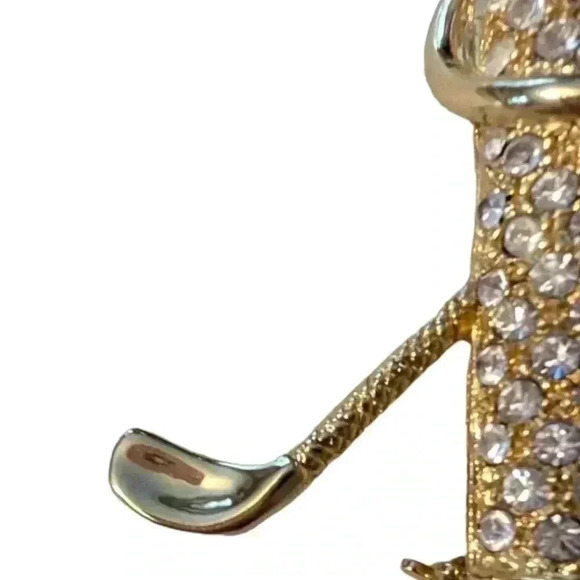 Golf Bag Rhinestone Brooch | Vintage Golfing Sweater Pin | 1980s Gold Tone Metal - Picture 5 of 7